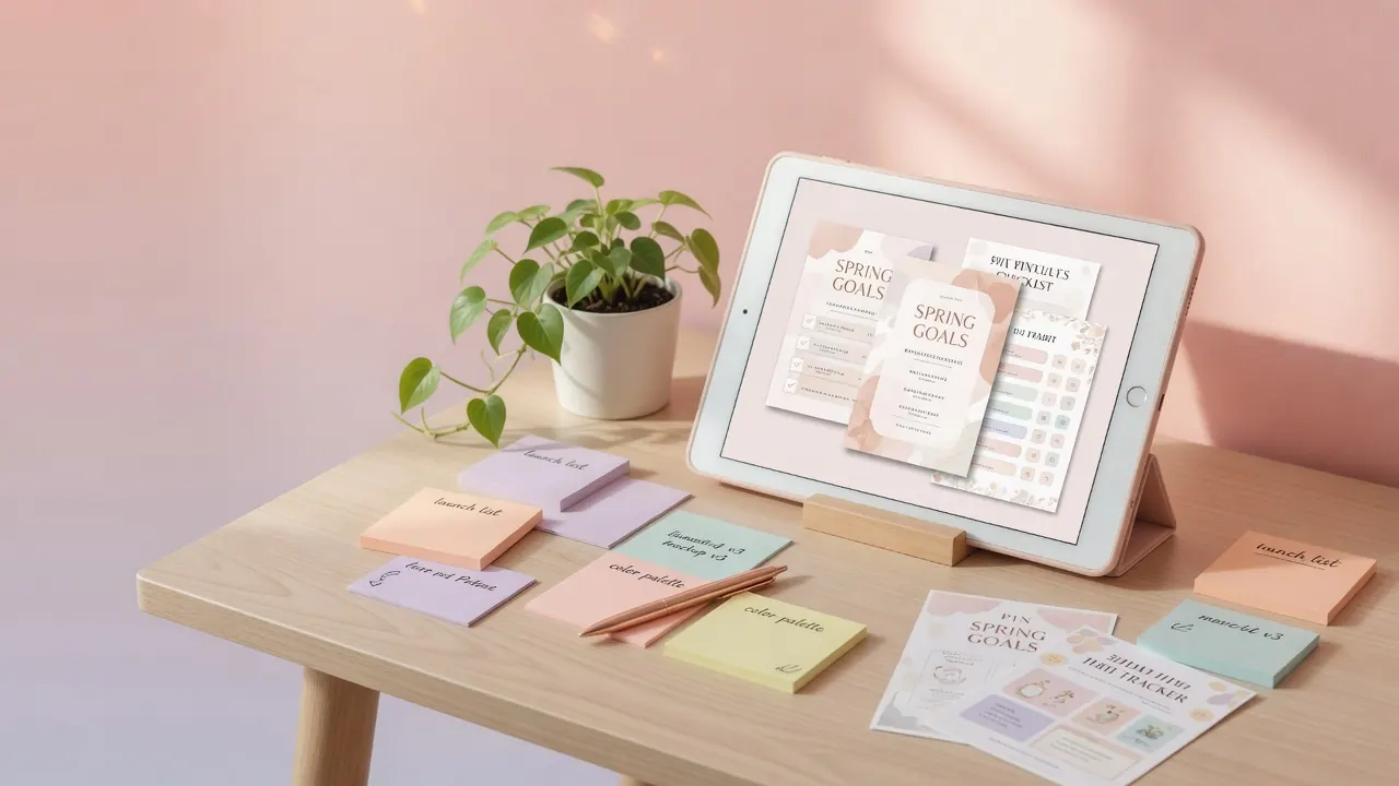 Tablet showing digital printable mockups on a creator desk for Pinterest product sales