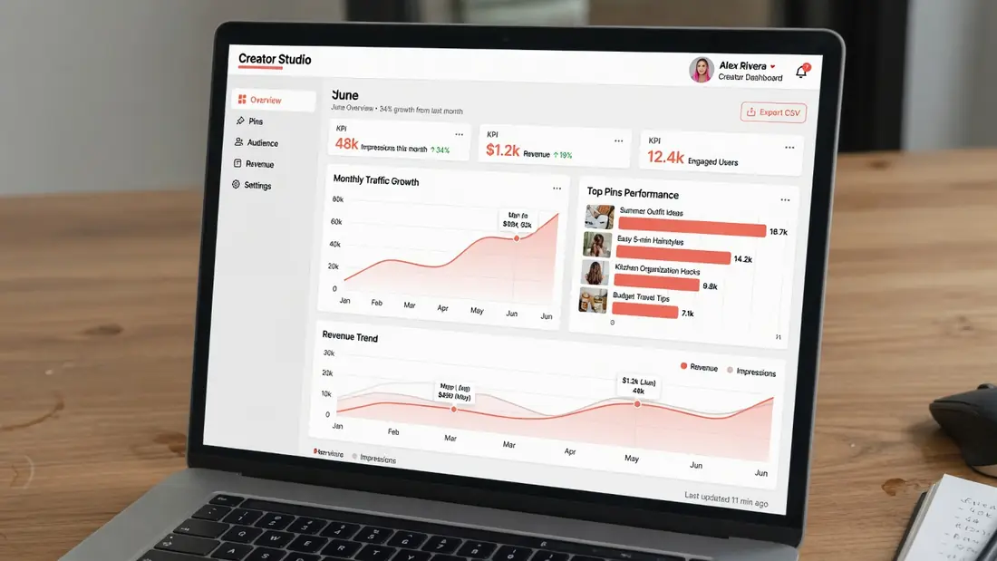 Example creator analytics dashboard showing traffic growth and top-performing pins over time