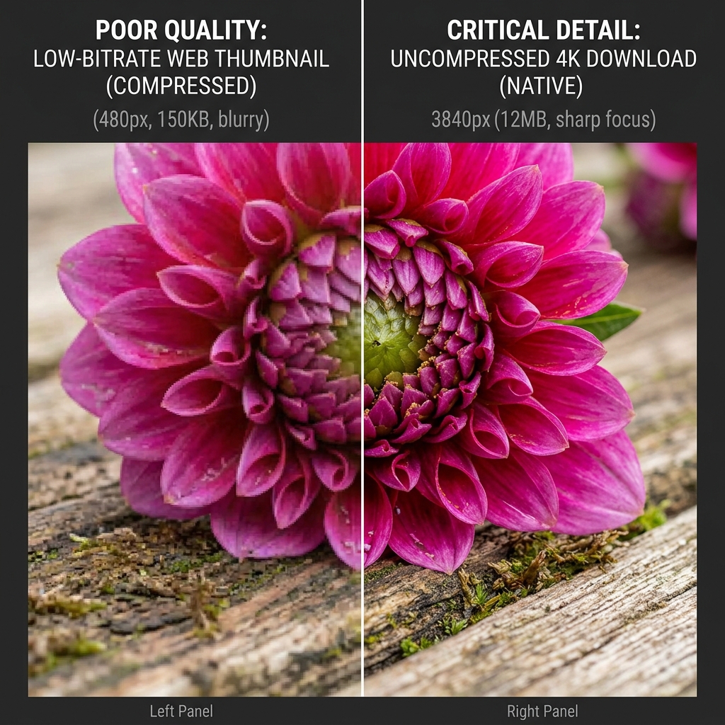 Side-by-side image quality chart comparing a low-resolution web thumbnail with a high-resolution download