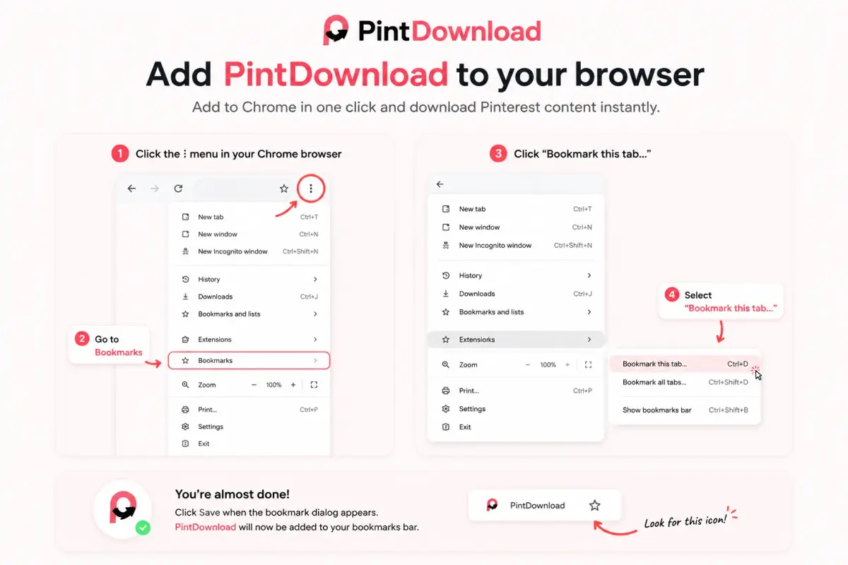 How to bookmark PintDownload in Chrome: open the menu, go to Bookmarks, choose Bookmark this tab, and save to the bookmarks bar